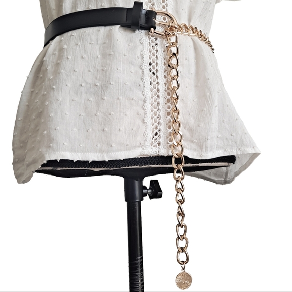 Womens edgy black Faux leather Y2K metal gold chain waist punk rock dress belt - Picture 8 of 17